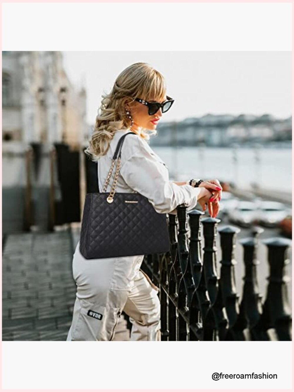 Quilted Vegan Leather Chain Shoulder Tote Bag - Picture 3 of 7